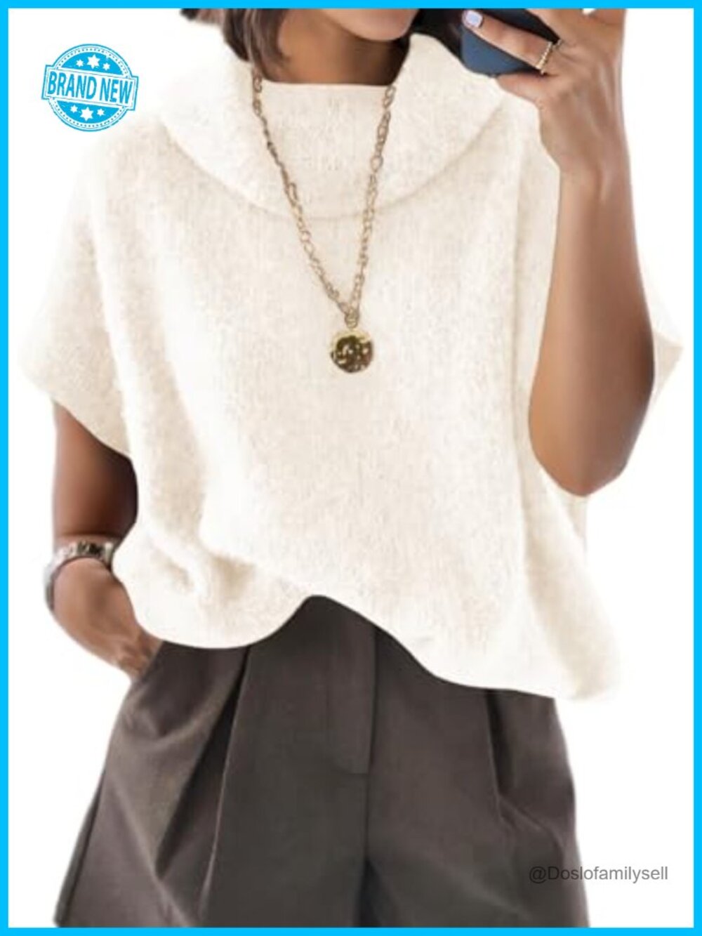 Oversized Turtleneck Sweater Short Batwing Sleeve Pullover Top